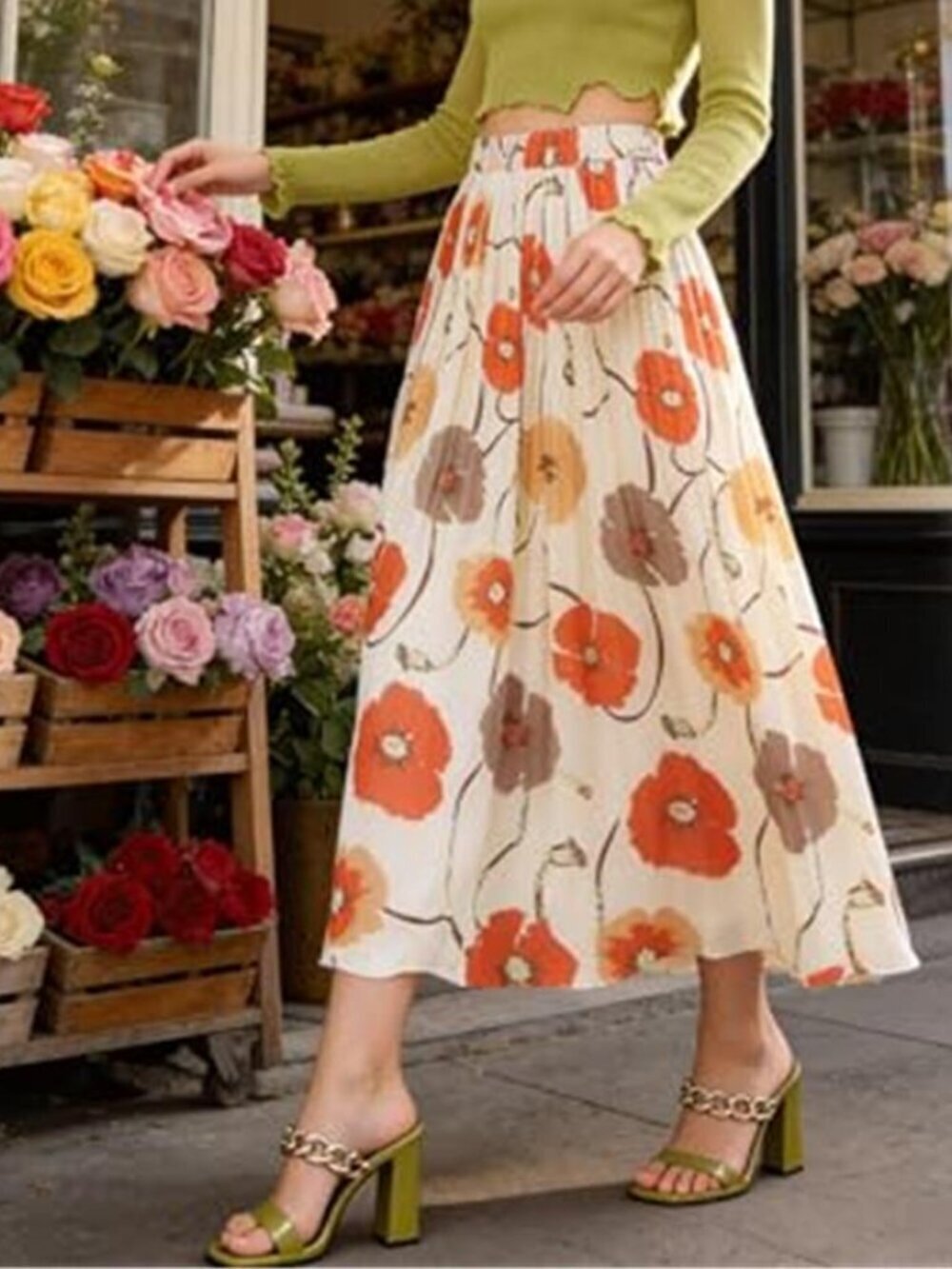 Women's Pleated Skirt Chiffon Elastic Waist A-Line Midi Length Skirt